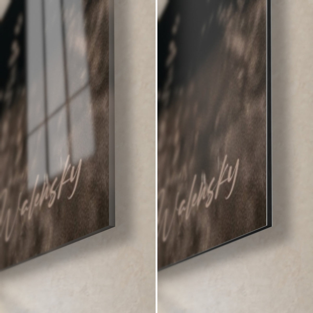 Wall art quad riders in silhouette, lower right corner: glossy acrylic glass on the left, matte black Dibond aluminium on the right