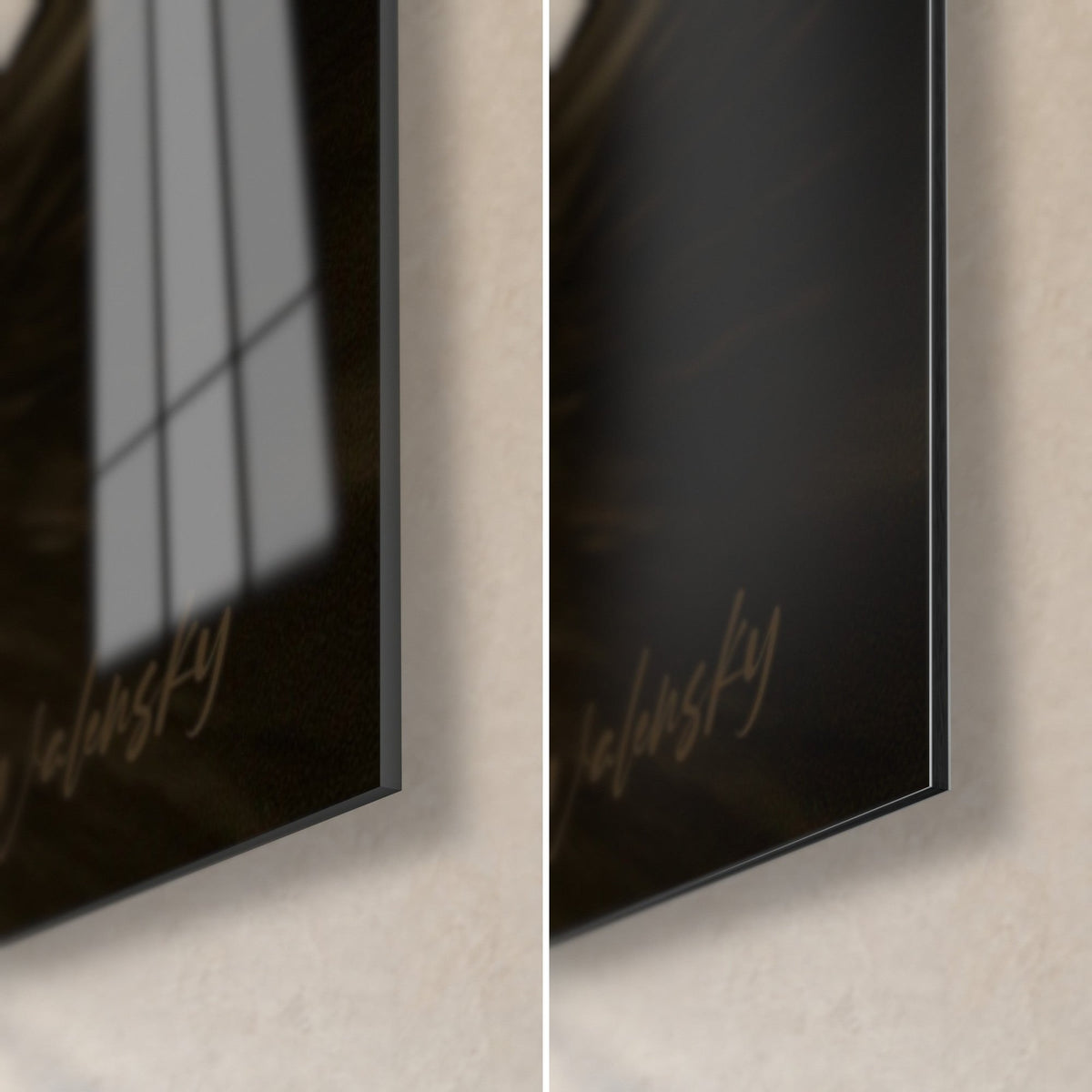 Wall art quad rider in the rain, bottom right corner, glossy acrylic glass on the left, matt black Dibond aluminium on the right, 3 mm thick