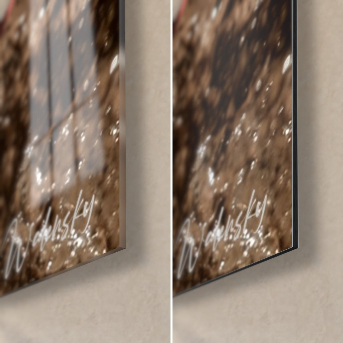 Wall art of a red and white quad pilot, bottom right corner: glossy acrylic glass on the left, matte Dibond aluminium on the right, 3 mm edge