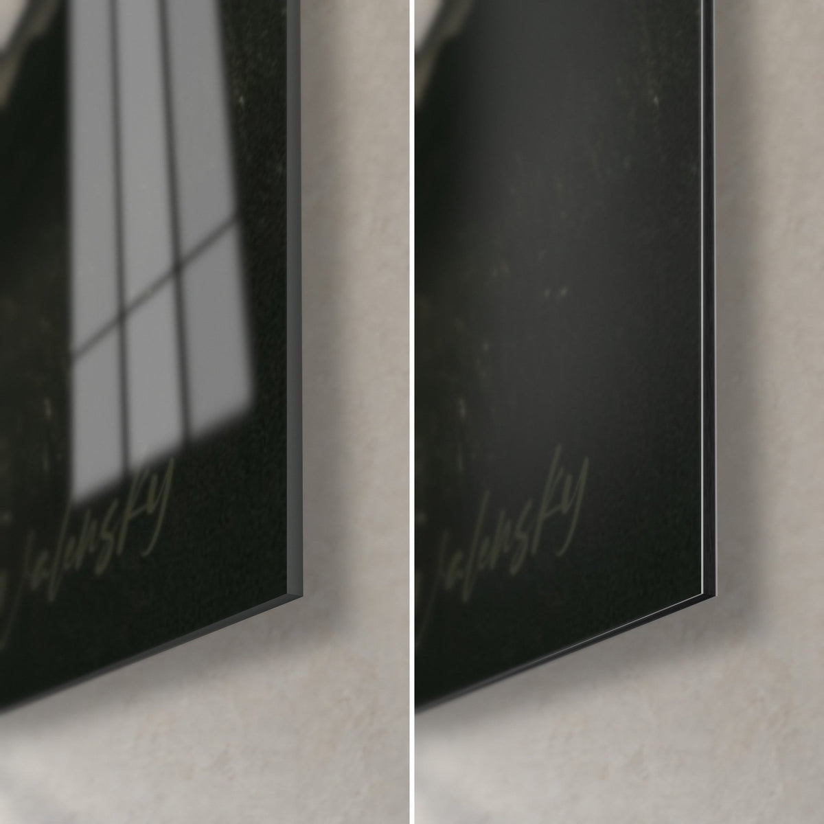Wall art three quad bikes in the mist, bottom right corner: glossy black acrylic glass with reflections, matte grey Dibond aluminium, 3 mm thickness