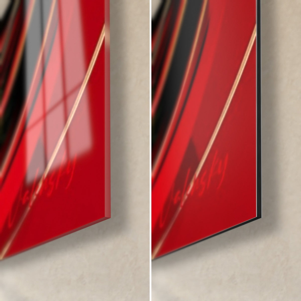 Wall art quad biker with red and gold reflections, bottom right corner: glossy acrylic glass on the left, matte black Dibond on the right