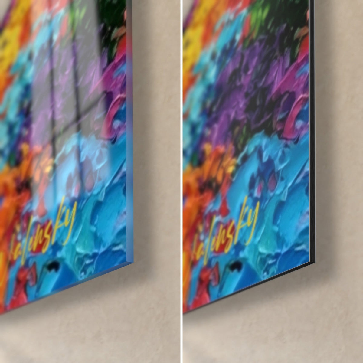 Tableau quad en peinture au couteau, coin bas droit : verre acrylique brillant avec reflets à gauche, alu Dibond mat à droite, tranche de 3 mm