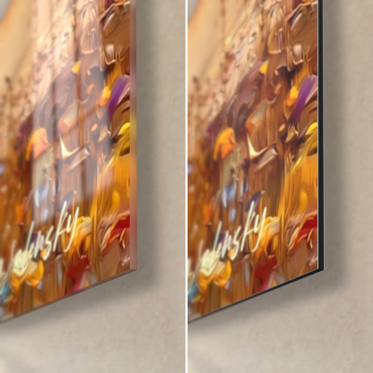 Wall art of a mud-caked off-road vehicle in oil paint, ochre and violet touches, bottom right corner in glossy glass and matte Dibond