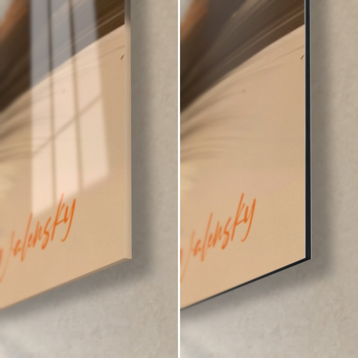 Wall art of a grey and orange quad rider, bottom right corner with orange signature, glossy glass and matte black Dibond