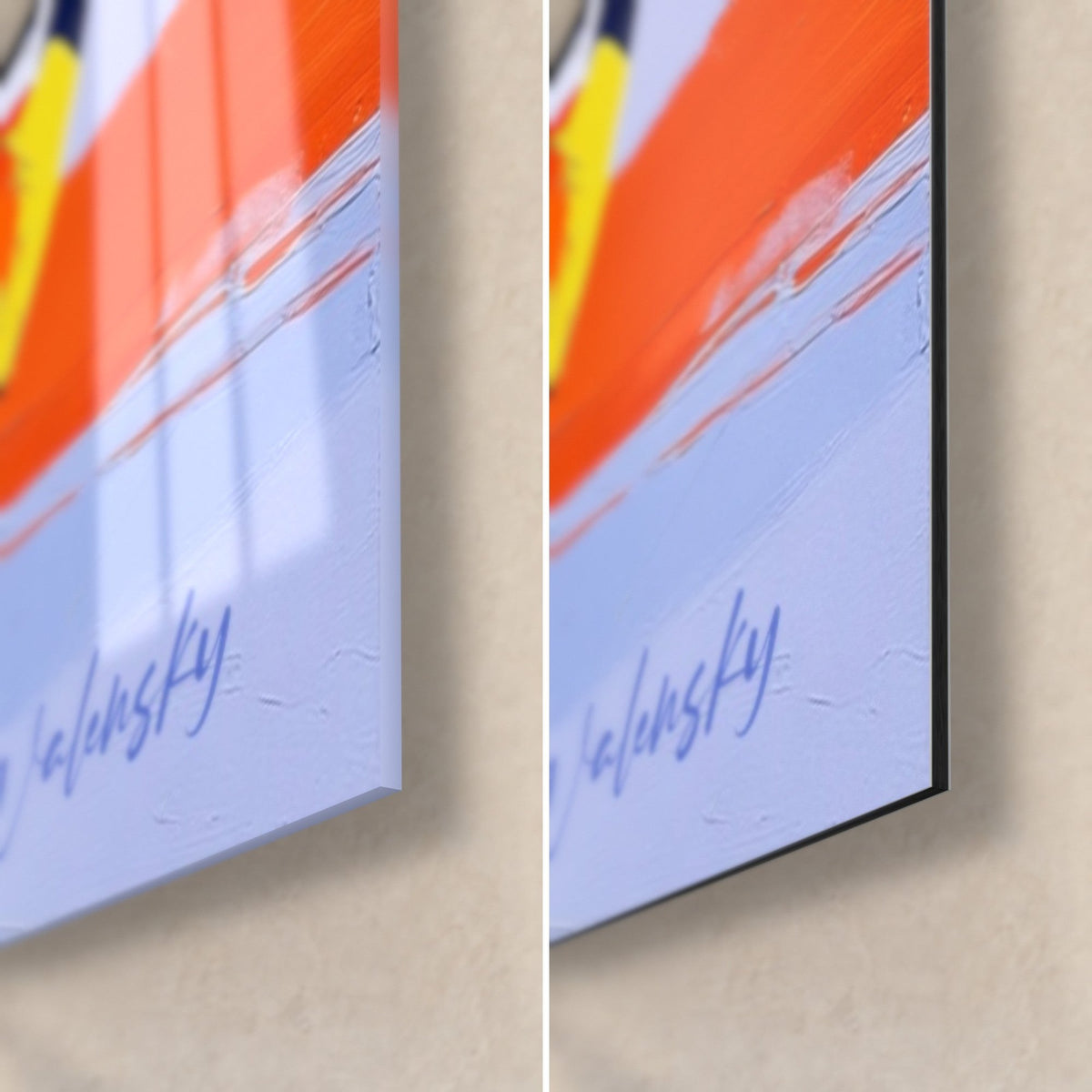 Wall art thickly painted quad, bottom right corner: glossy acrylic glass with reflections on the left, matte black Dibond on the right, blue signature