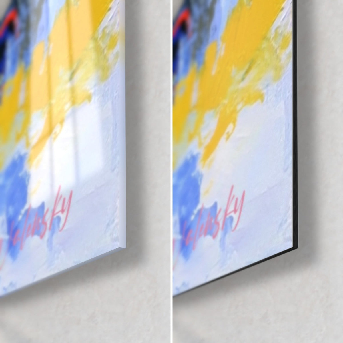 Wall art blue and yellow quad bike, bottom right corner: glossy acrylic glass on the left, matte brushed Dibond aluminium on the right, 3 mm edge