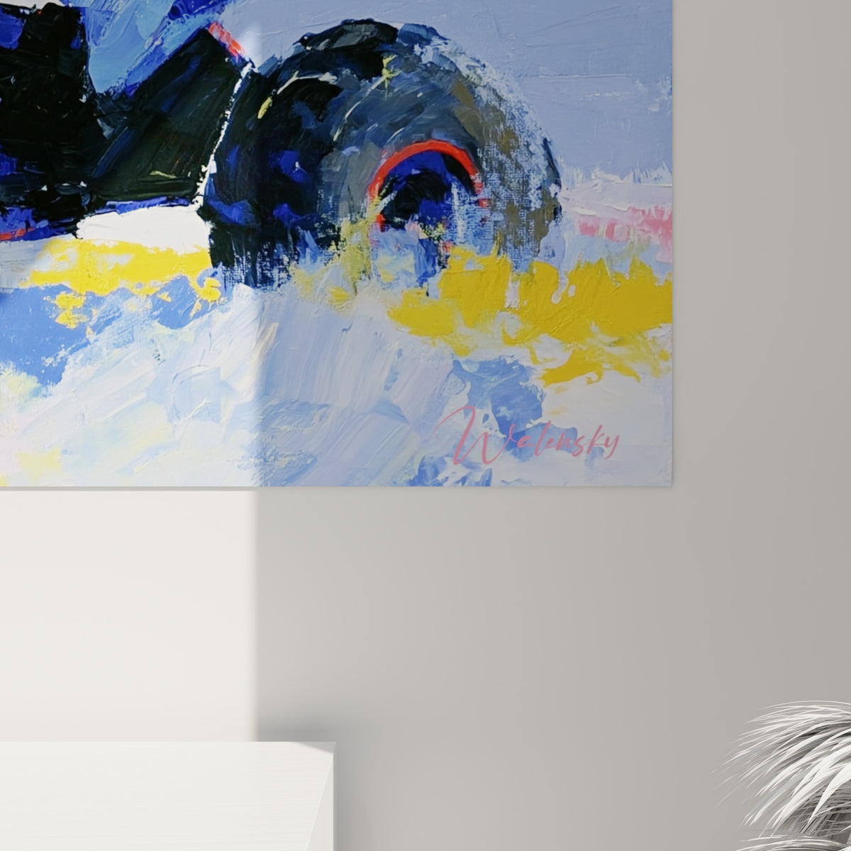Empâtements de peinture rouge, blanc et bleu marine révélant la matière épaisse de la toile du quad