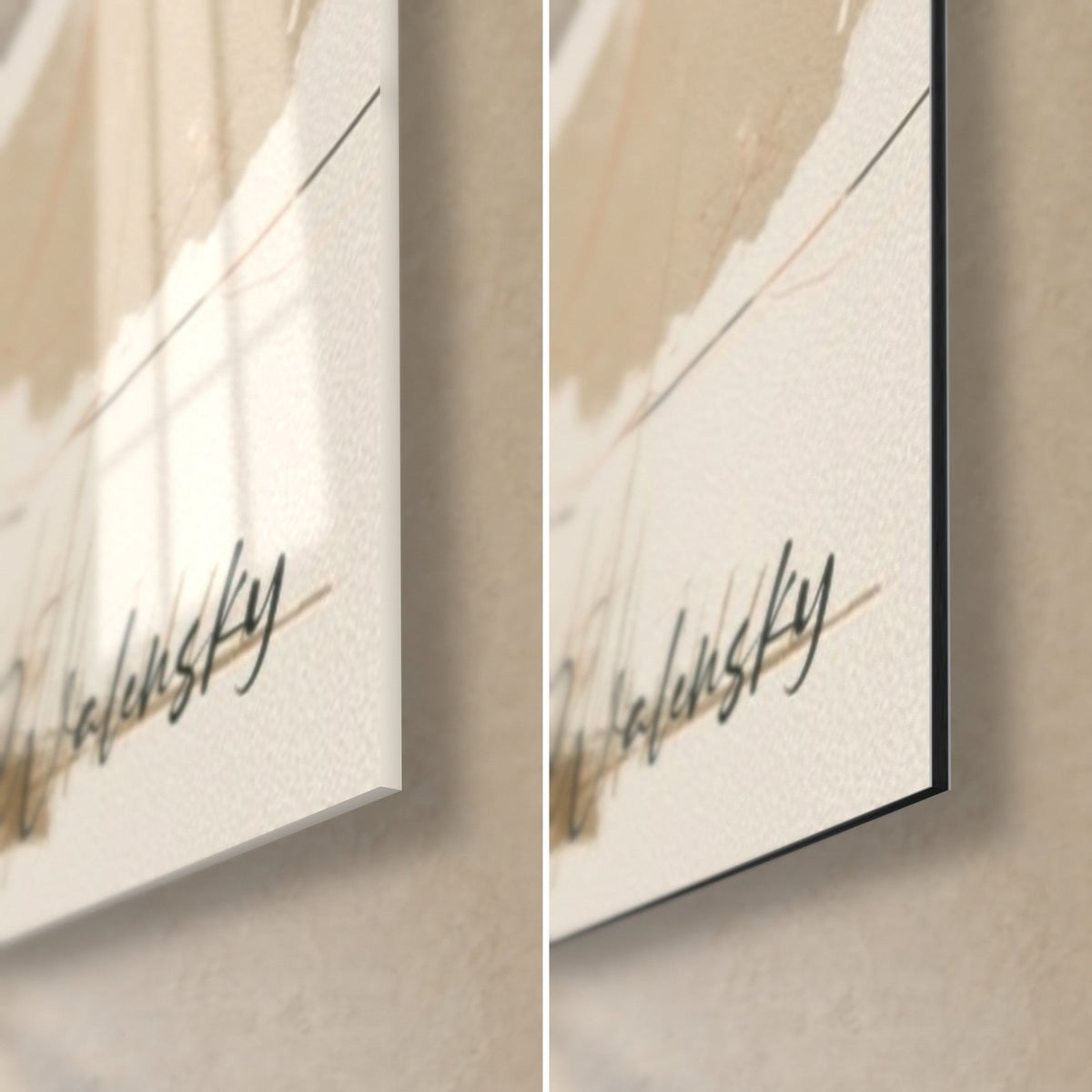 Tableau véhicule tout-terrain noir et crème, coin bas droit avec signature Walensky : verre acrylique brillant et Dibond mat