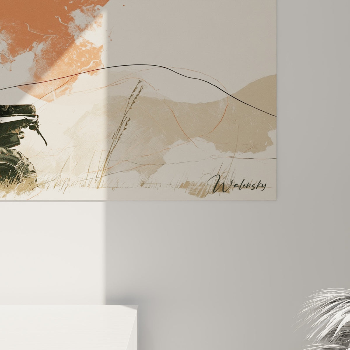 Grain de la toile révélant les traits d'encre sombre et les aplats orangés du soleil sur ce tableau quad