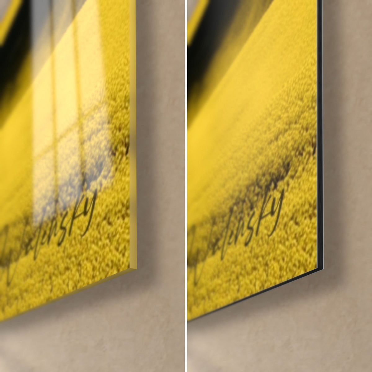 Wall art quads on a bright yellow hill, bottom right corner: glossy acrylic glass on the left, matte black Dibond aluminum on the right, 3 mm edge