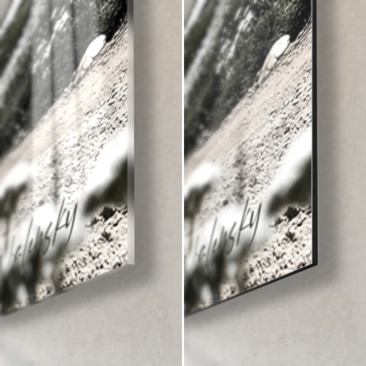 Wall art of a quad bike in full drift, lower right corner: glossy acrylic glass with reflections on the left, matte grey Dibond aluminium on the right, black edge