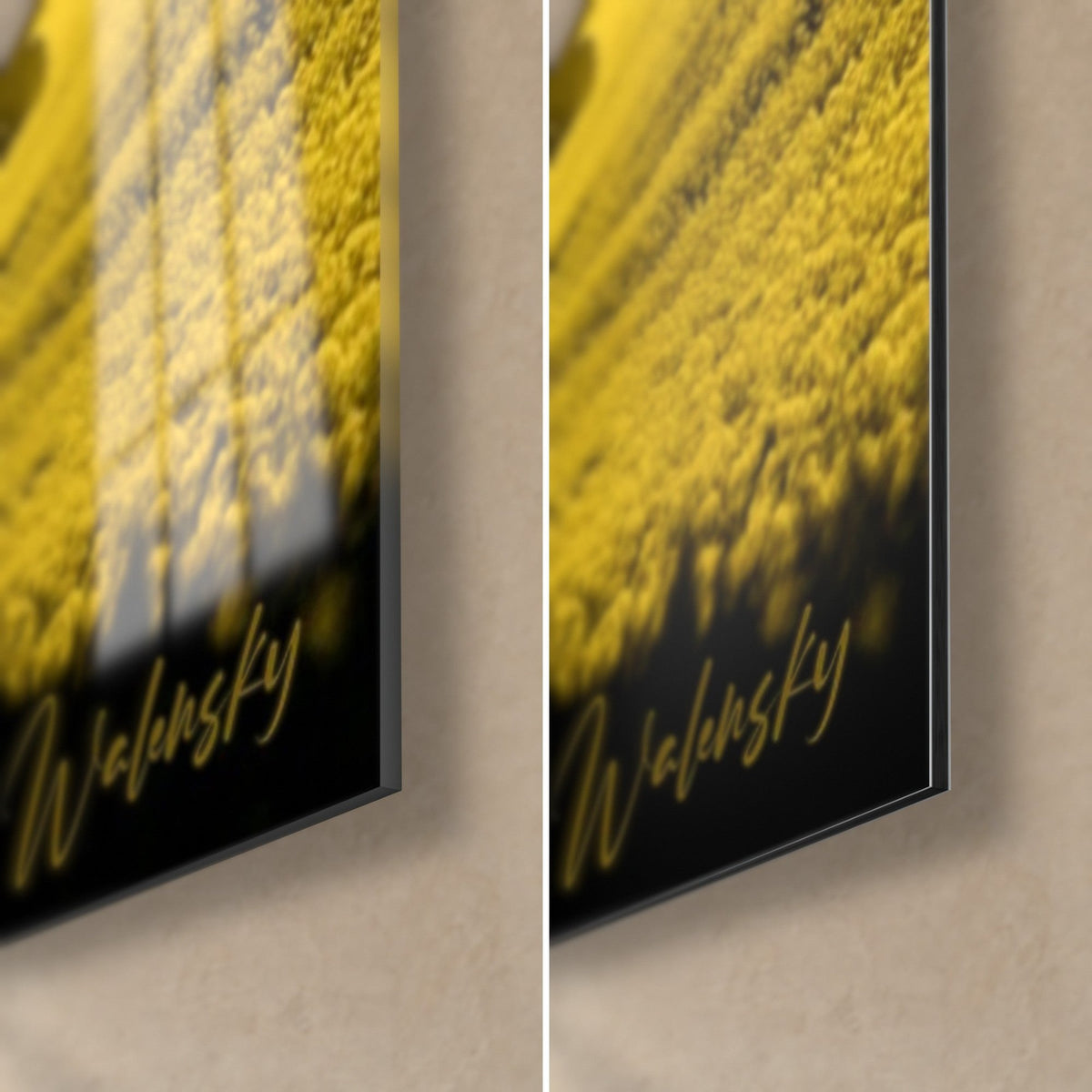 Wall art black and yellow quad bikes in rapeseed, bottom right corner: glossy acrylic glass on the left, matte Dibond on the right, 3 mm edge