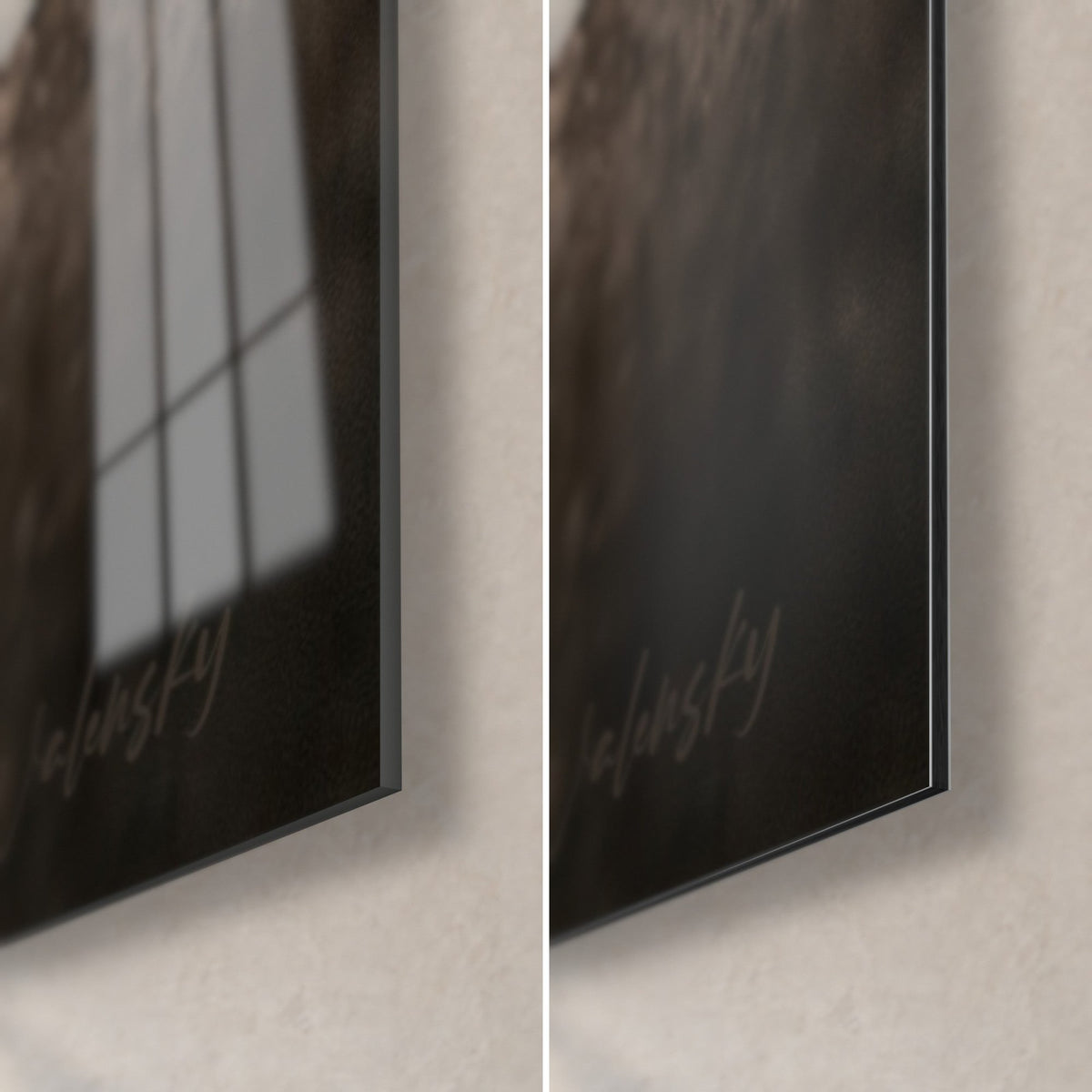Wall art Couple on quad bikes in a field, bottom right corner: glossy acrylic glass reflecting a window, matte black Dibond aluminium, 3 mm edge