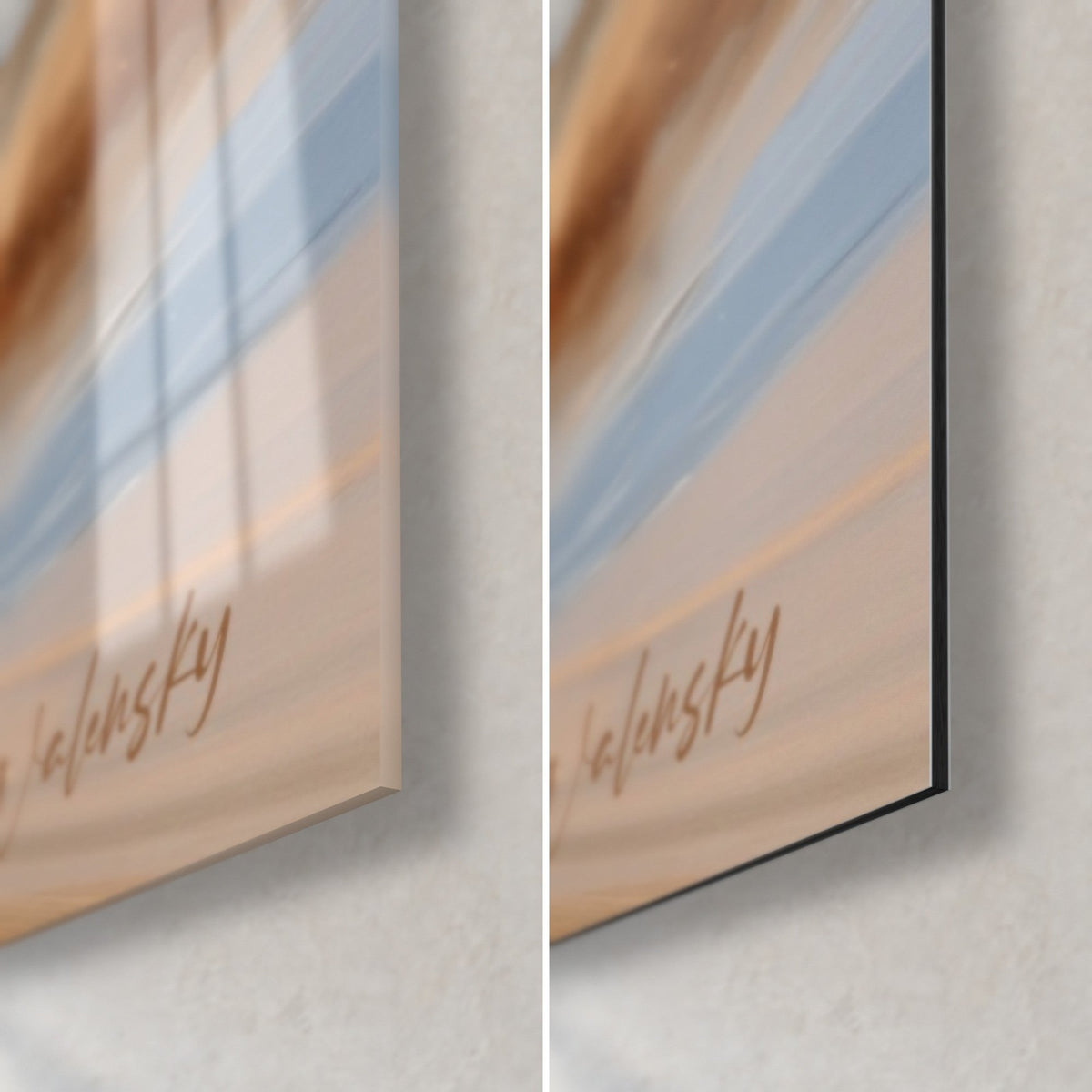 Wall art of a desert biker in grey armour, bottom right corner: glossy acrylic glass on the left, matte black Dibond on the right