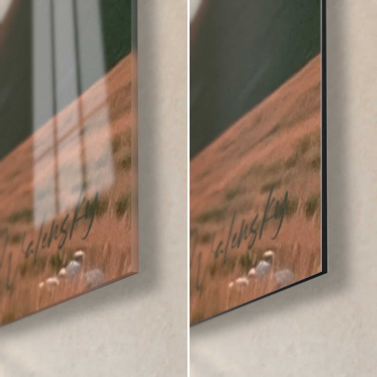 Wall art of a quad bike at sunset, bottom right corner: glossy glass with reflections on the left, matte black Dibond aluminium on the right, 3 mm edge