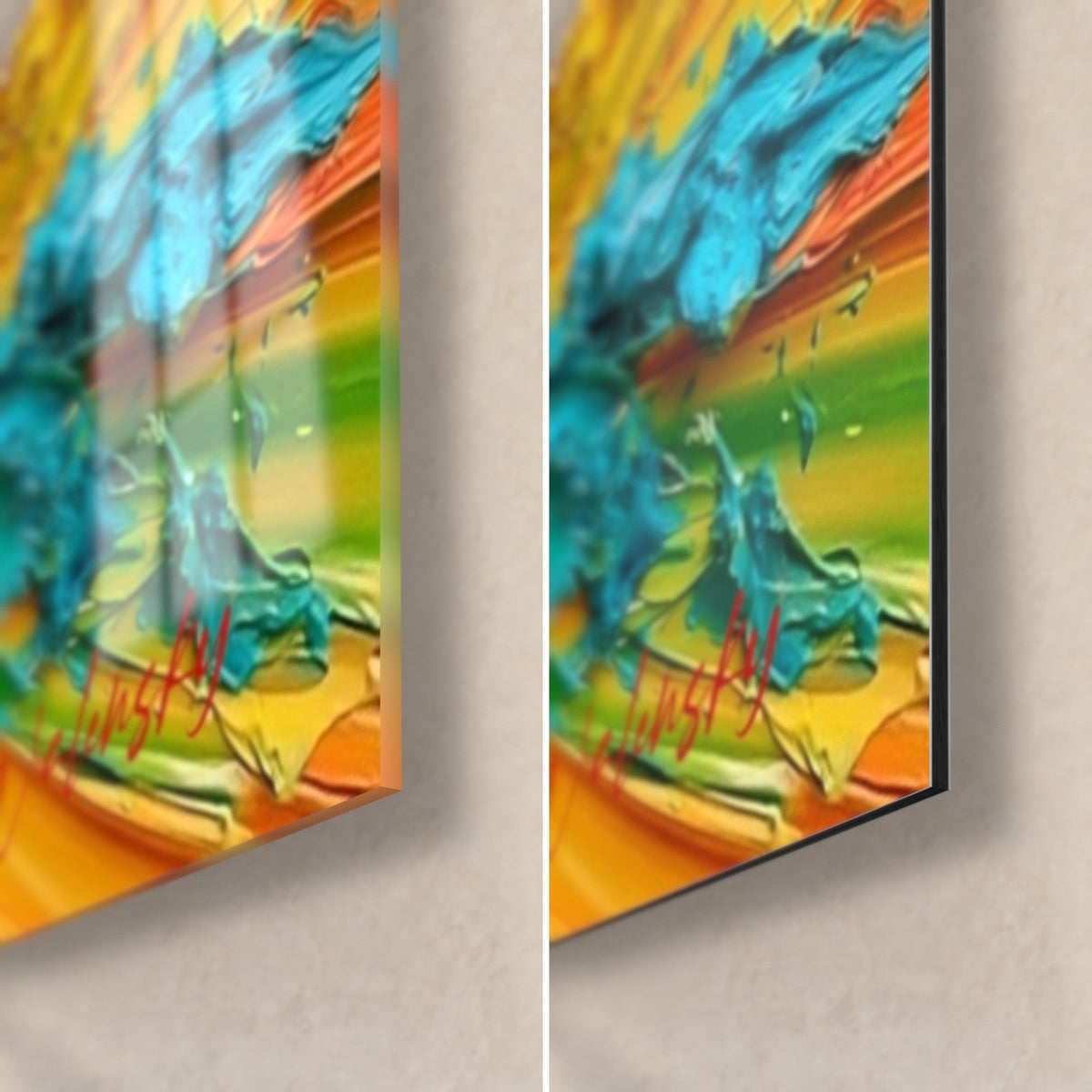 Tableau pilote de quad en peinture épaisse, coin bas droit : verre acrylique brillant à gauche, alu Dibond mat à droite, turquoise et orange