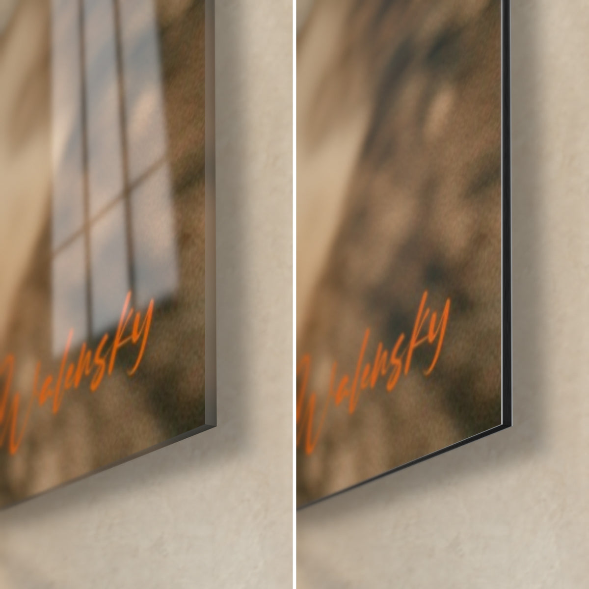 Schilderij berijder met helm en oranje bril op karmijnrode quad, rechtsonder: glanzend glas links, mat Dibond rechts, 3 mm rand