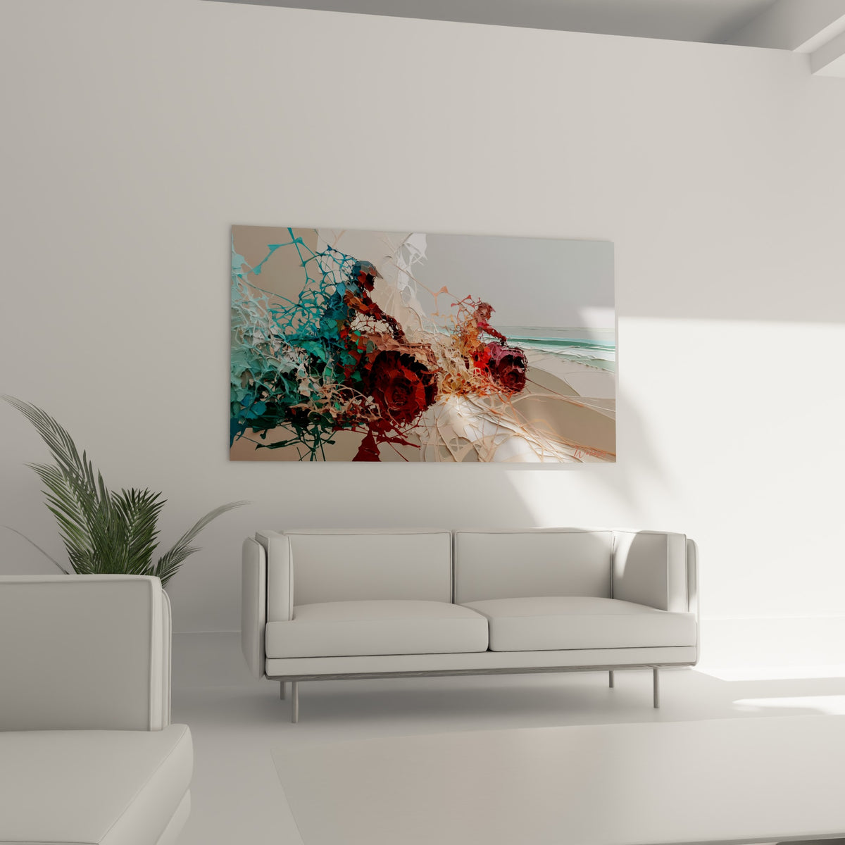 Tourbillon de peinture rouge et turquoise évoquant un quad en mouvement, au-dessus d'un canapé dans un salon lumineux
