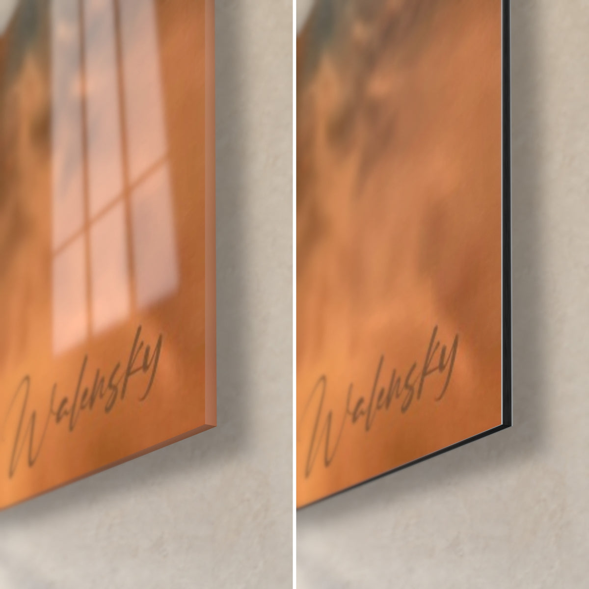 Wall art of an off-road vehicle with an amber headlight, glossy glass and matte black Dibond aluminium corner at bottom right, 3 mm edge