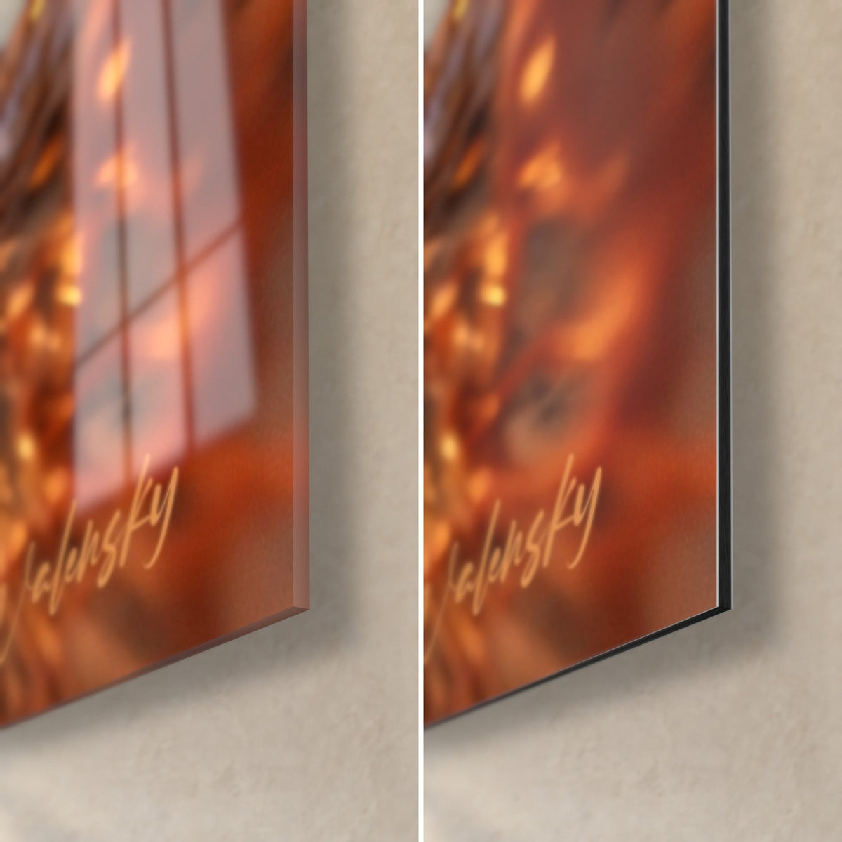 Tableau quad en plein dérapage, reflets orange sur le verre brillant à gauche, alu Dibond mat noir et tranche de 3 mm à droite