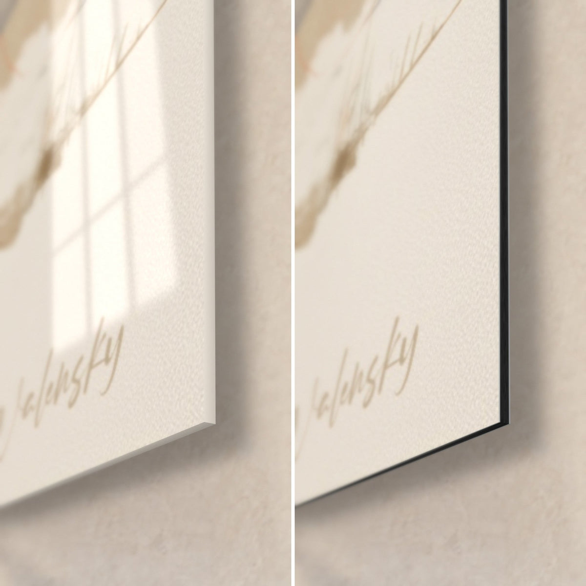 Wall art female quad rider with gold Walensky signature, bottom right corner: glossy glass on the left, matte black Dibond aluminium on the right