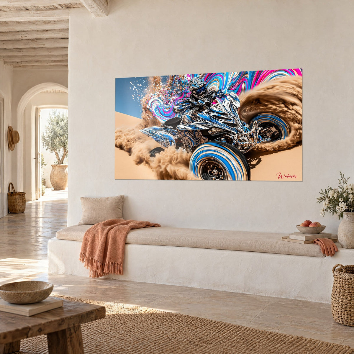 Wall art helmeted rider on his off-road machine, wheels with blue and brown swirls, pink vortices, Mediterranean house