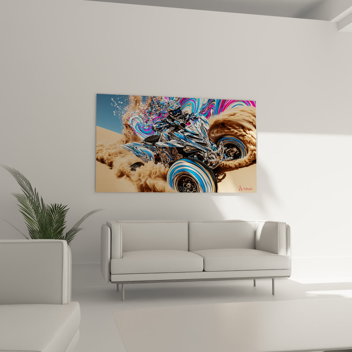 Véhicule tout-terrain bleu et blanc dans un nuage de poussière, au-dessus d'un canapé dans un salon lumineux