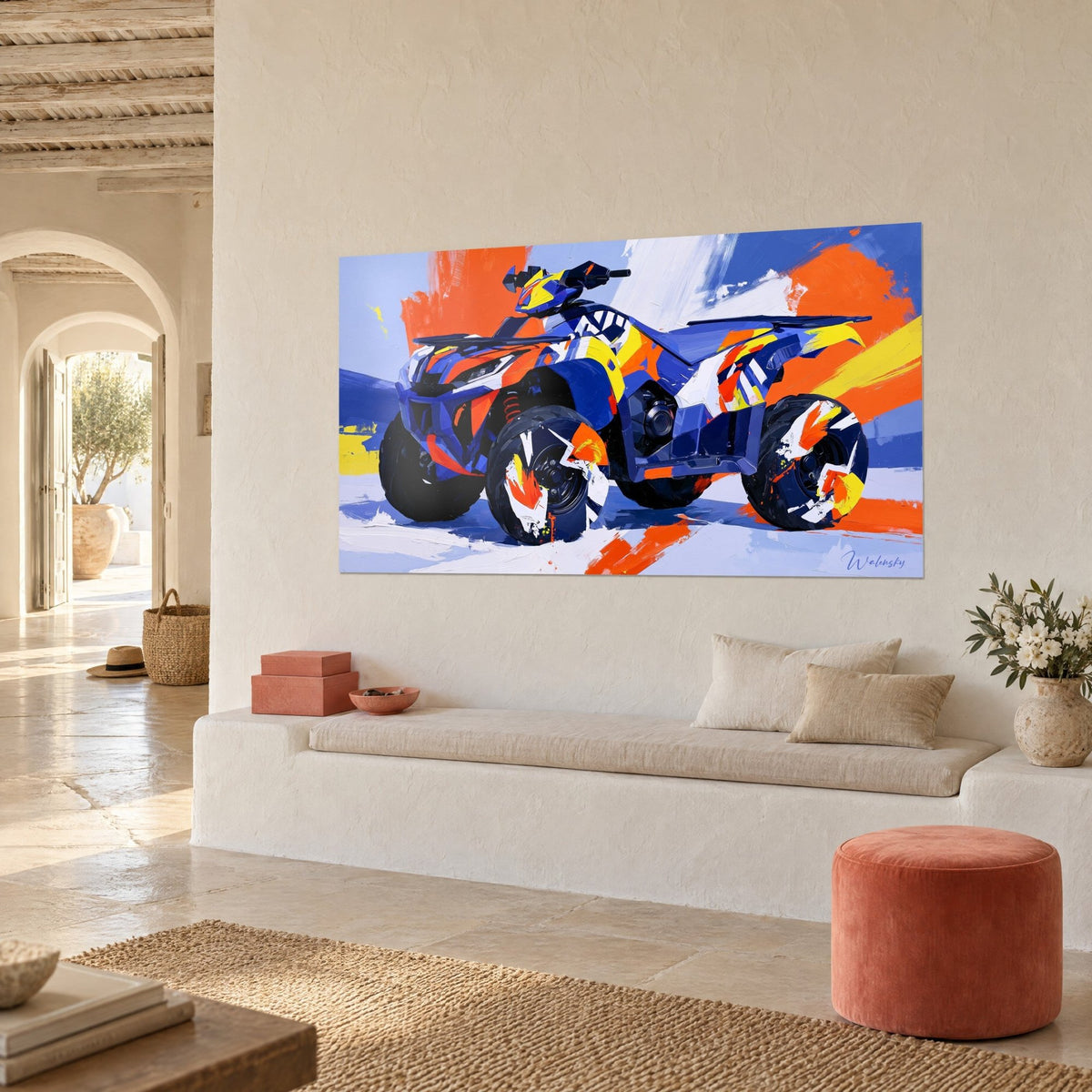 Wall art palette-knife painted 4x4 vehicle, deep purple body streaked with lemon yellow, three-quarter view above a white bench seat