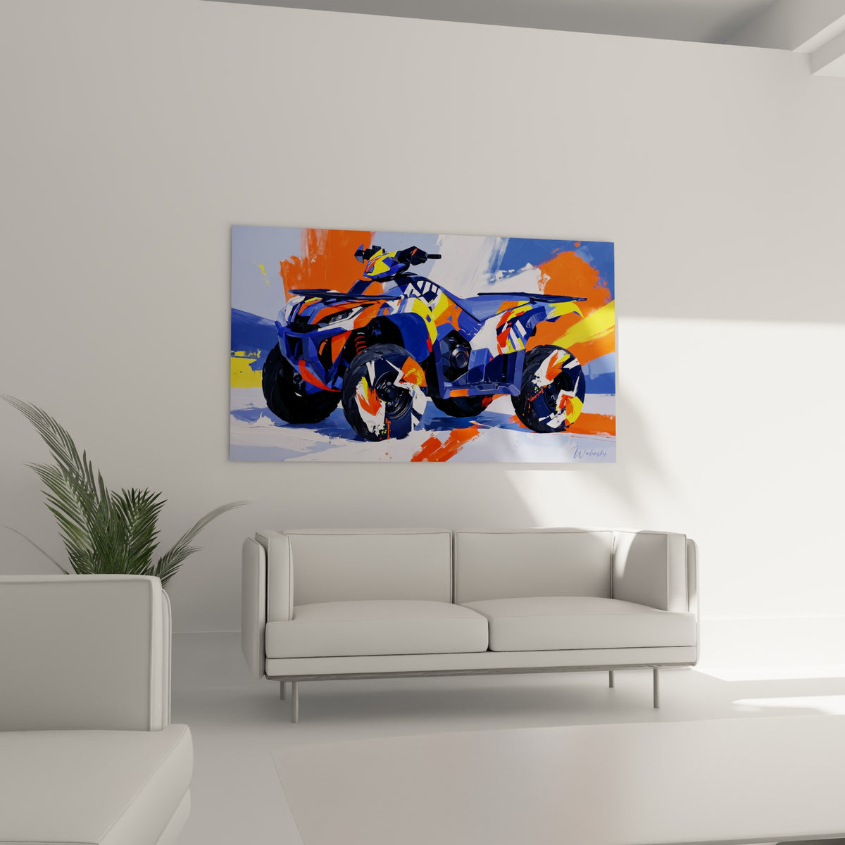 Engin quad aux teintes jaune, bleu marine et orange placé au-dessus d'un canapé dans un salon lumineux