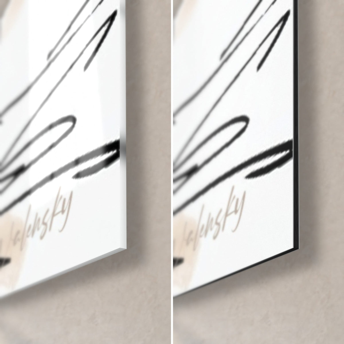 Wall art of a quad rider in sketch style, bottom right corner: glossy acrylic glass with reflections on the left, matte black Dibond aluminium on the right, 3 mm edge