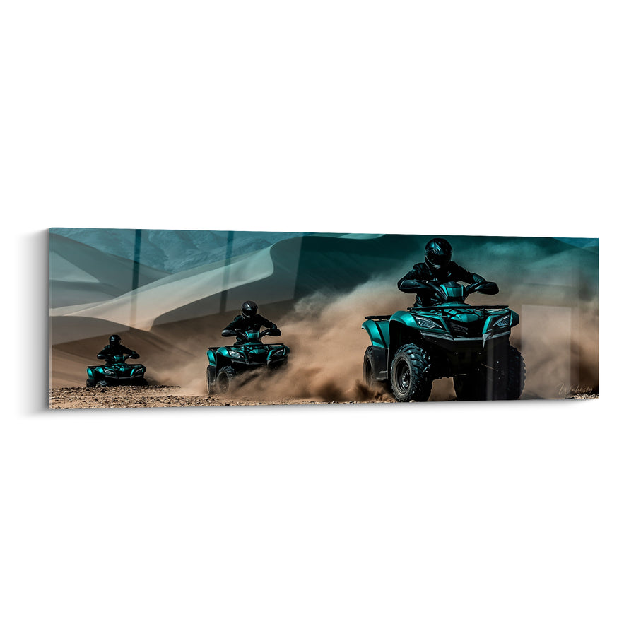 Tableau Quads turquoise et noir en colonne dans le désert - Trio en file indienne - Edition Quad