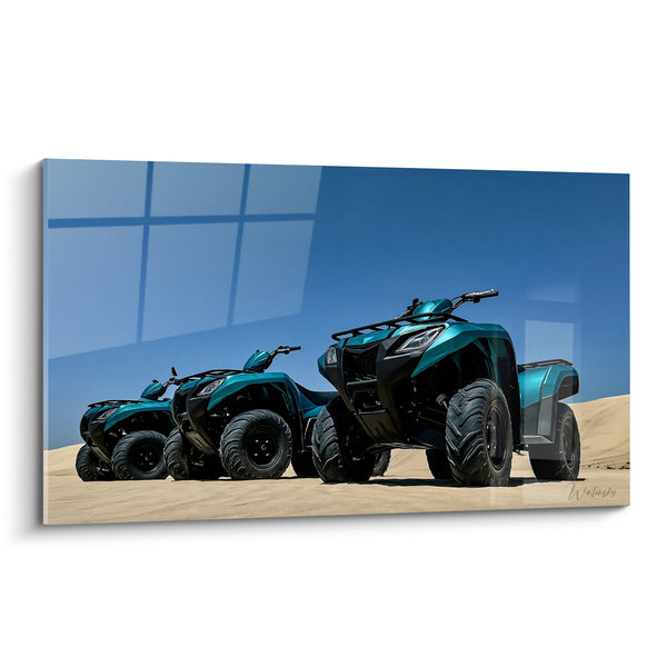 Tableau Quads turquoise et noir alignés sur dune - Trio à l'arrêt - Edition Quad