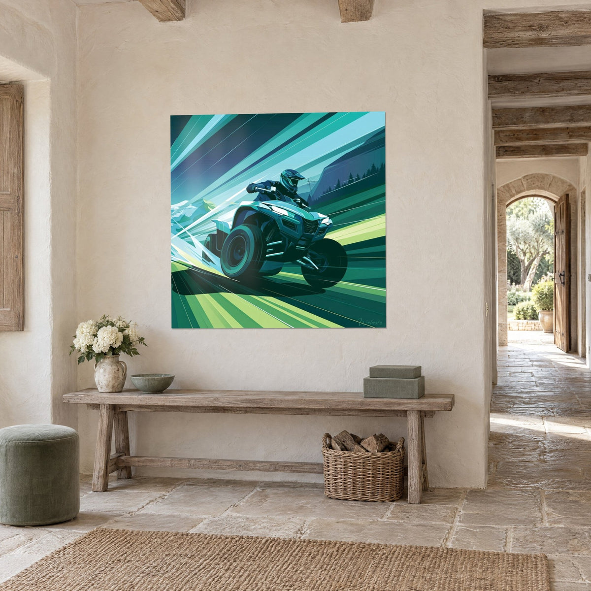 Wall art of a quad bike racing down a grassy slope, midnight blue and anise green, hung beside a stone arch in a country house