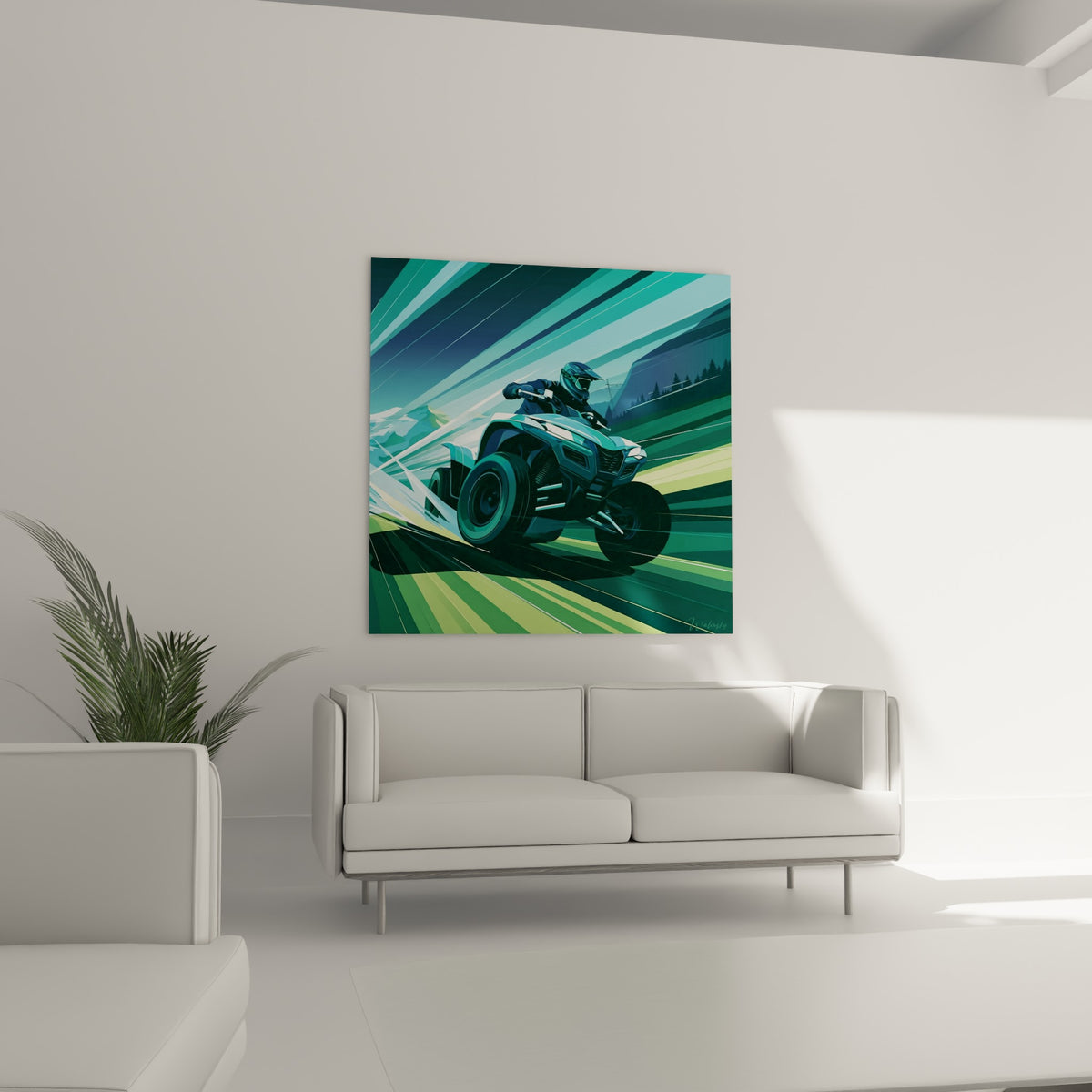 Quad turquoise fendant des faisceaux verts, œuvre placée au-dessus d'un canapé dans un salon lumineux