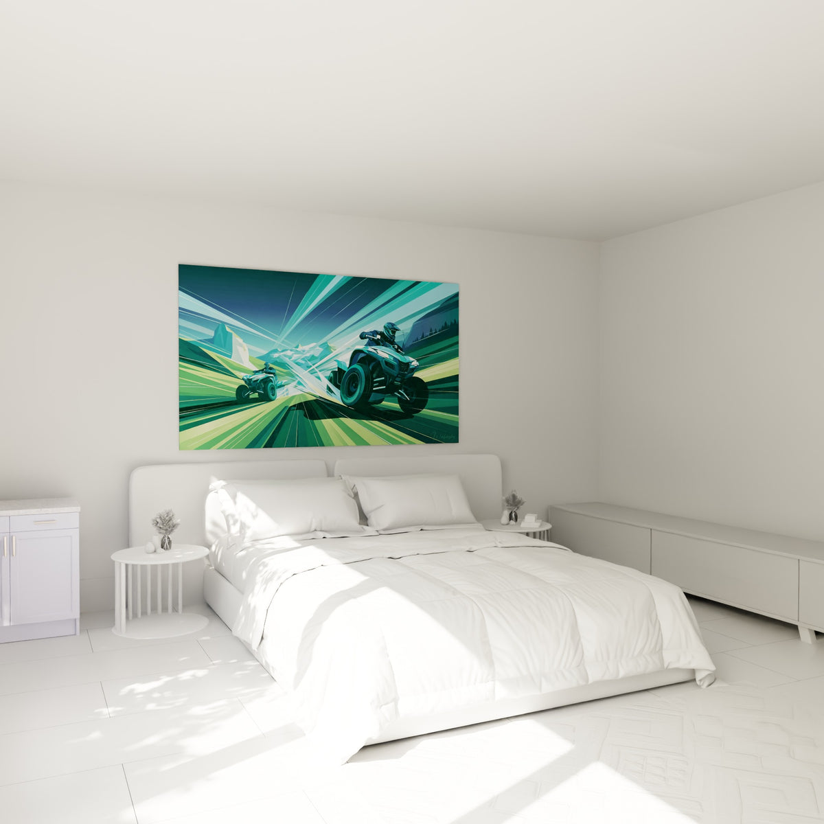 Pilotes de quad vert sauge et turquoise en course, accrochés au-dessus d'un lit dans une chambre claire