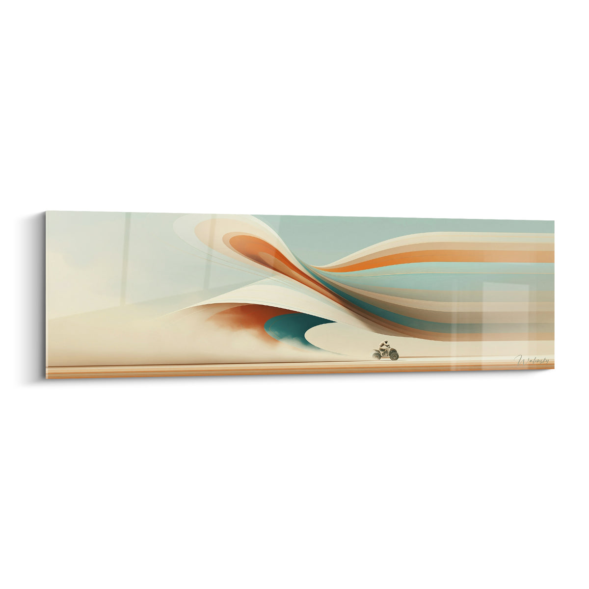 Quad minuscule traversant des vagues terracotta et bleu pastel dans un paysage abstrait