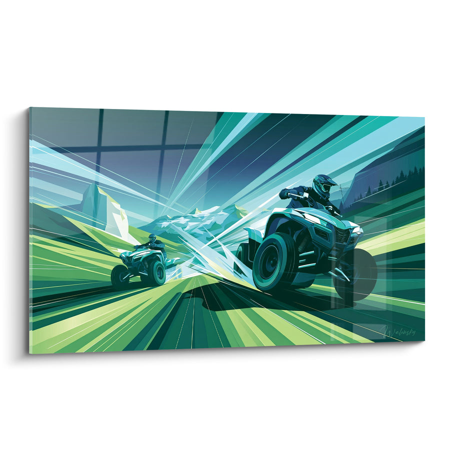 Tableau Quads verts et turquoise en pleine course - Montée d'adrénaline - Edition Quad