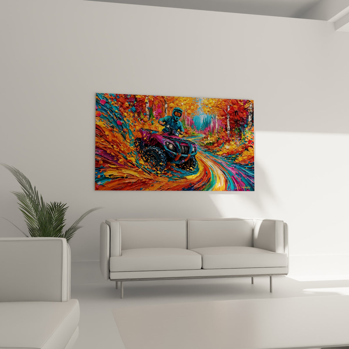 Quad fuchsia lancé dans un virage entouré de feuillages ocre et bleu, au-dessus d'un canapé dans un salon lumineux