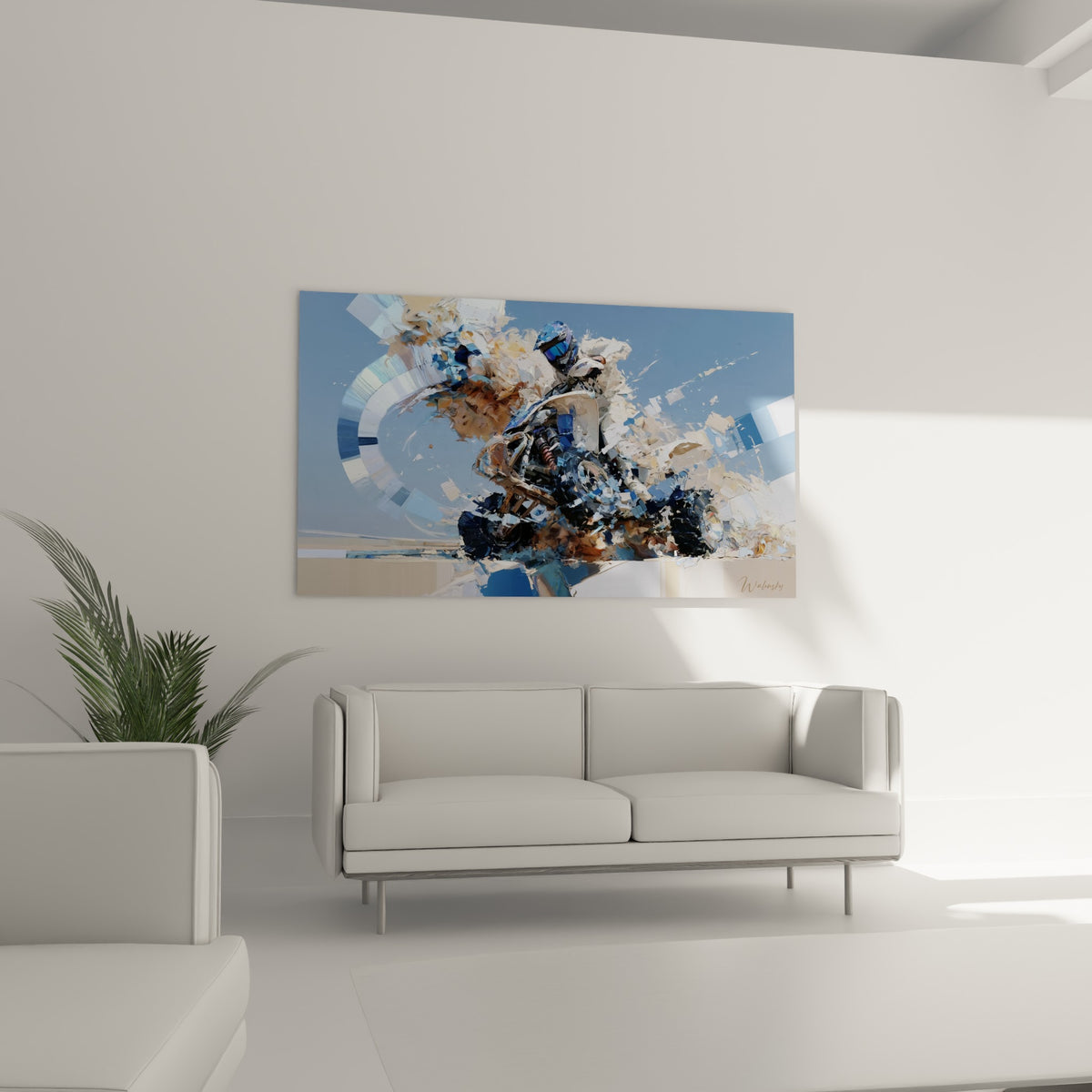 Pilote lancé en pleine vitesse entre bleu anthracite et poussière beige, au-dessus d'un canapé dans un salon lumineux