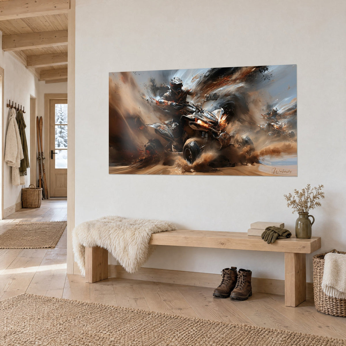 Wall art of a quad bike charging through a cloud of brown dust, silver fairings and a blazing headlight, on the wall of a light wood hallway