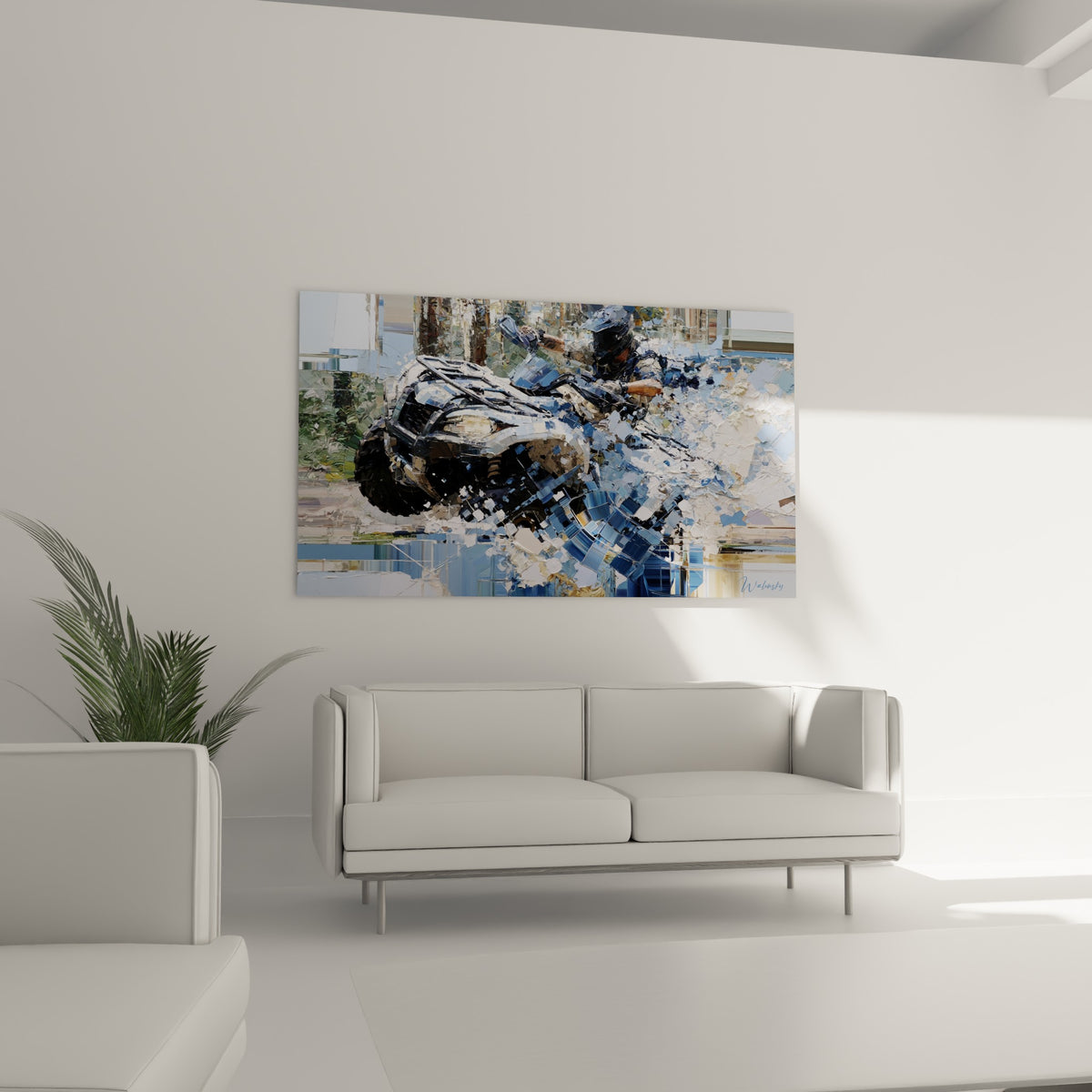 Motard fragmenté en touches bleu marine et beige placé au-dessus d'un canapé dans un salon lumineux