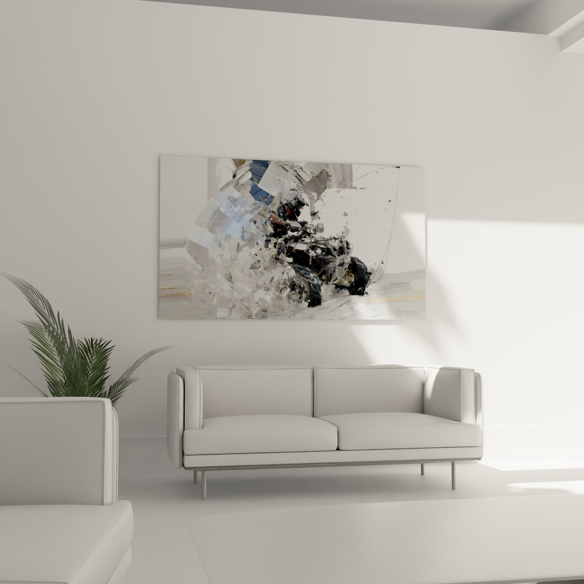 Véhicule tout-terrain gris et blanc en pleine action, au-dessus d'un canapé dans un salon lumineux