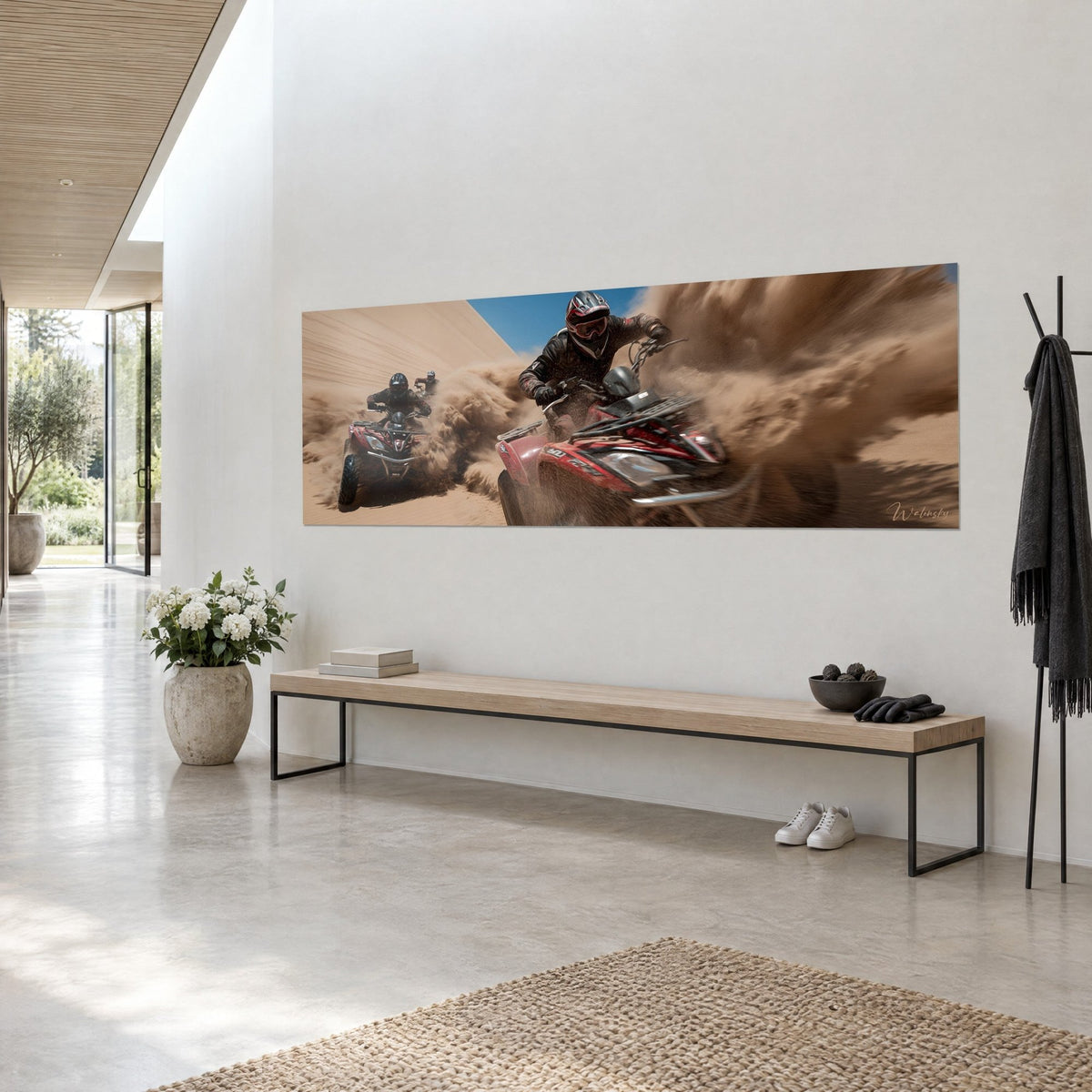 Gemälde eines behelmten Piloten im Drift, roter Quad und Gischt aus beigem Sand, goldene Dünen, im Foyer eines Architekturbüros