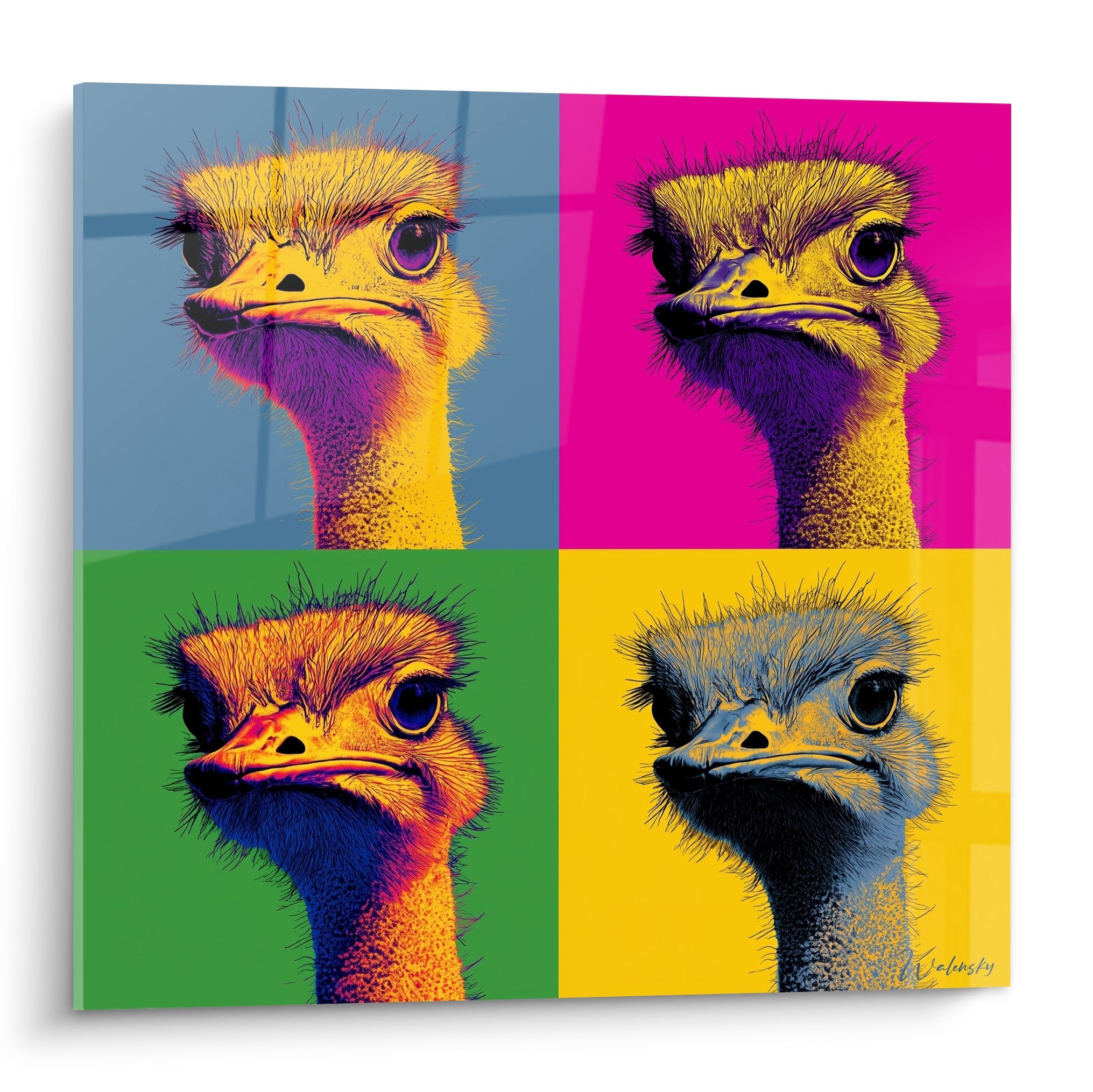 Pop-Art-Vierteilung Strauß intensiver Blick blaue rosa grüne gelbe Hintergründe detaillierte Federn