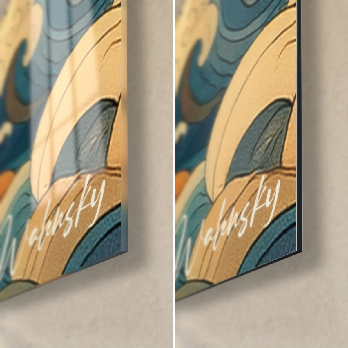 Schilderij van houtsnede-golven, rechter onderhoek: glanzend glas links, mat Dibond rechts, crèmekleurig schuim, blauw en een dunne rand
