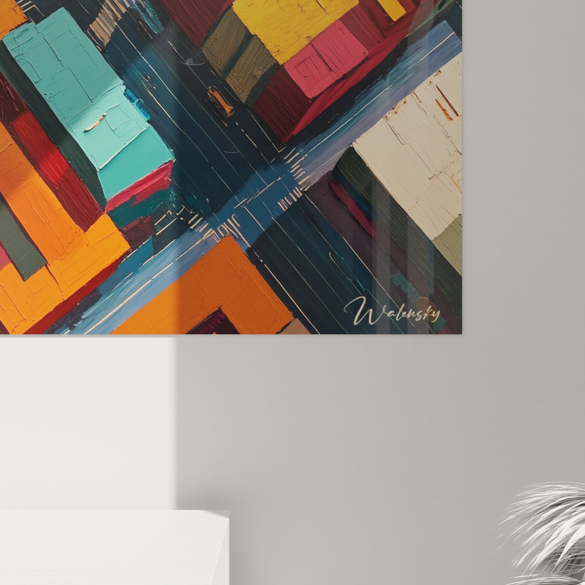 Tableau cubisme abstrait de Walensky avec des couleurs vives et des formes géométriques dynamiques