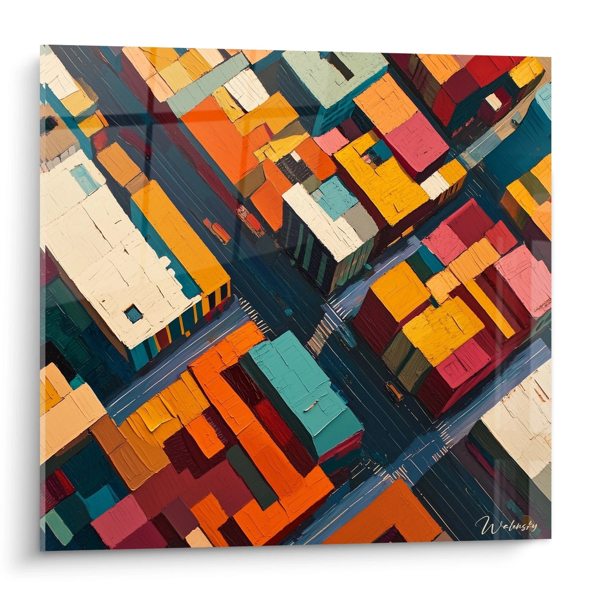 Tableau cubisme abstrait de Walensky représentant des bâtiments colorés vus du dessus