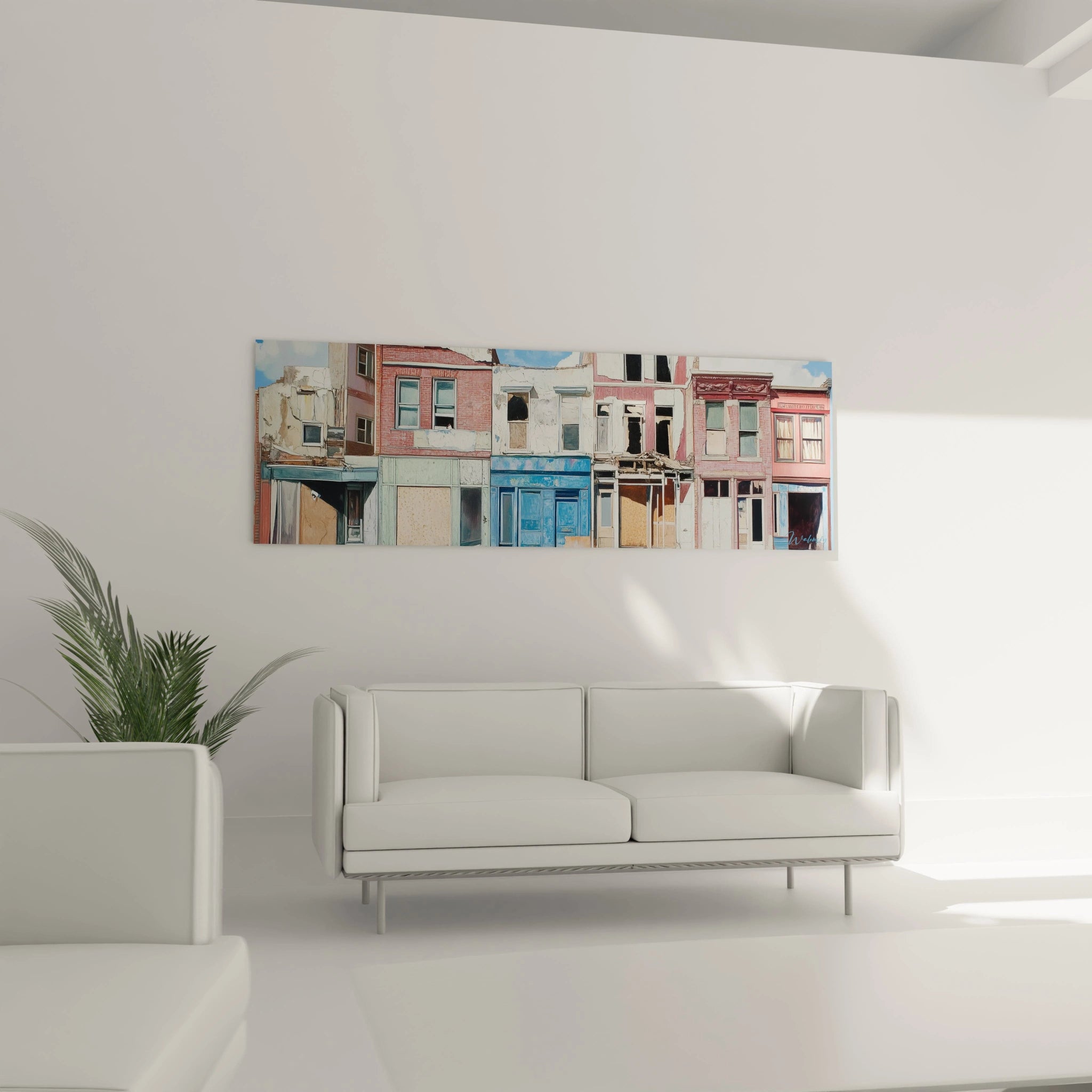 Un tableau street art architectural présentant des devantures commerciales abandonnées, dominé par des tons pastel doux où le rose et le bleu s'harmonisent avec des surfaces blanches patinées, créant un effet nostalgique de quartier figé dans le temps.
