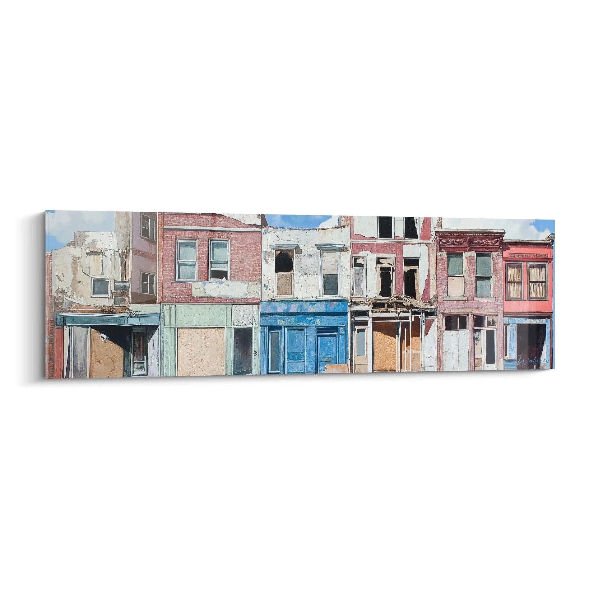 Un tableau artistique représentant une rangée de façades urbaines délabrées, avec des devantures aux tons pastel rose et bleu, des fenêtres condamnées et des surfaces écaillées, capturant l'essence mélancolique d'un quartier abandonné.
