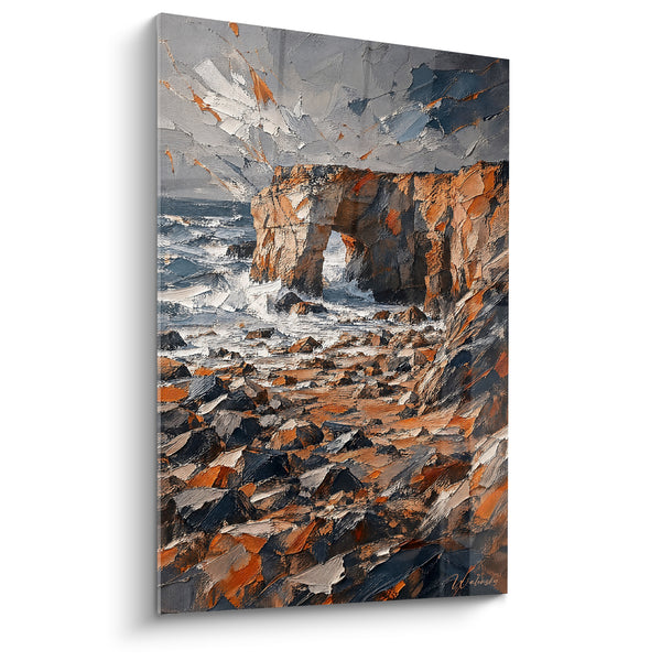 Gemälde Felsbogen in Orange mit grauen Wellen - Küstenfurie - Edition Quiberon Bretagne Frankreich